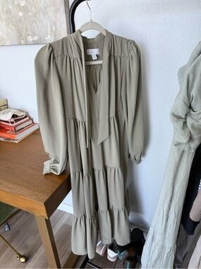 Topshop Olive Tie-Neck Tiered Midi Dress